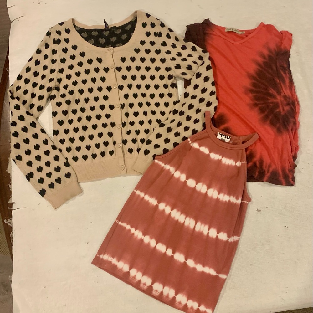 Heart Pattern Cardigan and Tie-Dye Tops Set